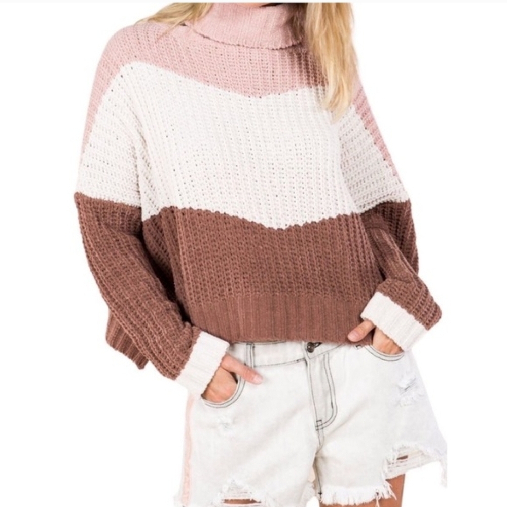 POL Canyon Pink Color Block Oversized Chenille Turtleneck Sweater Women's Large